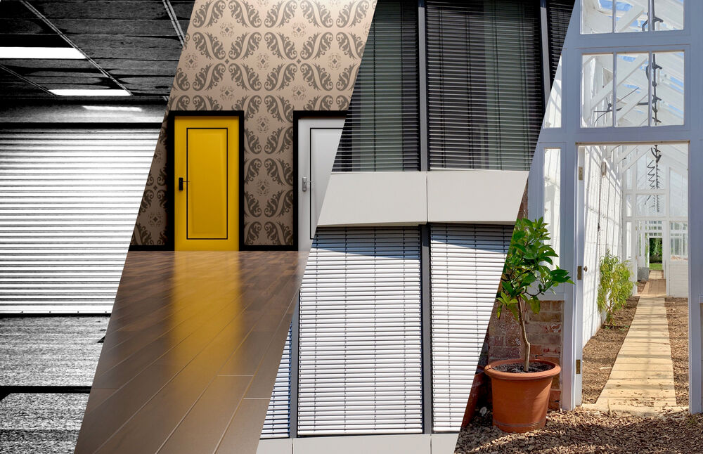 Kollagenbild mit Garagentor, Türen,Sonnenschutz und Wintergarten